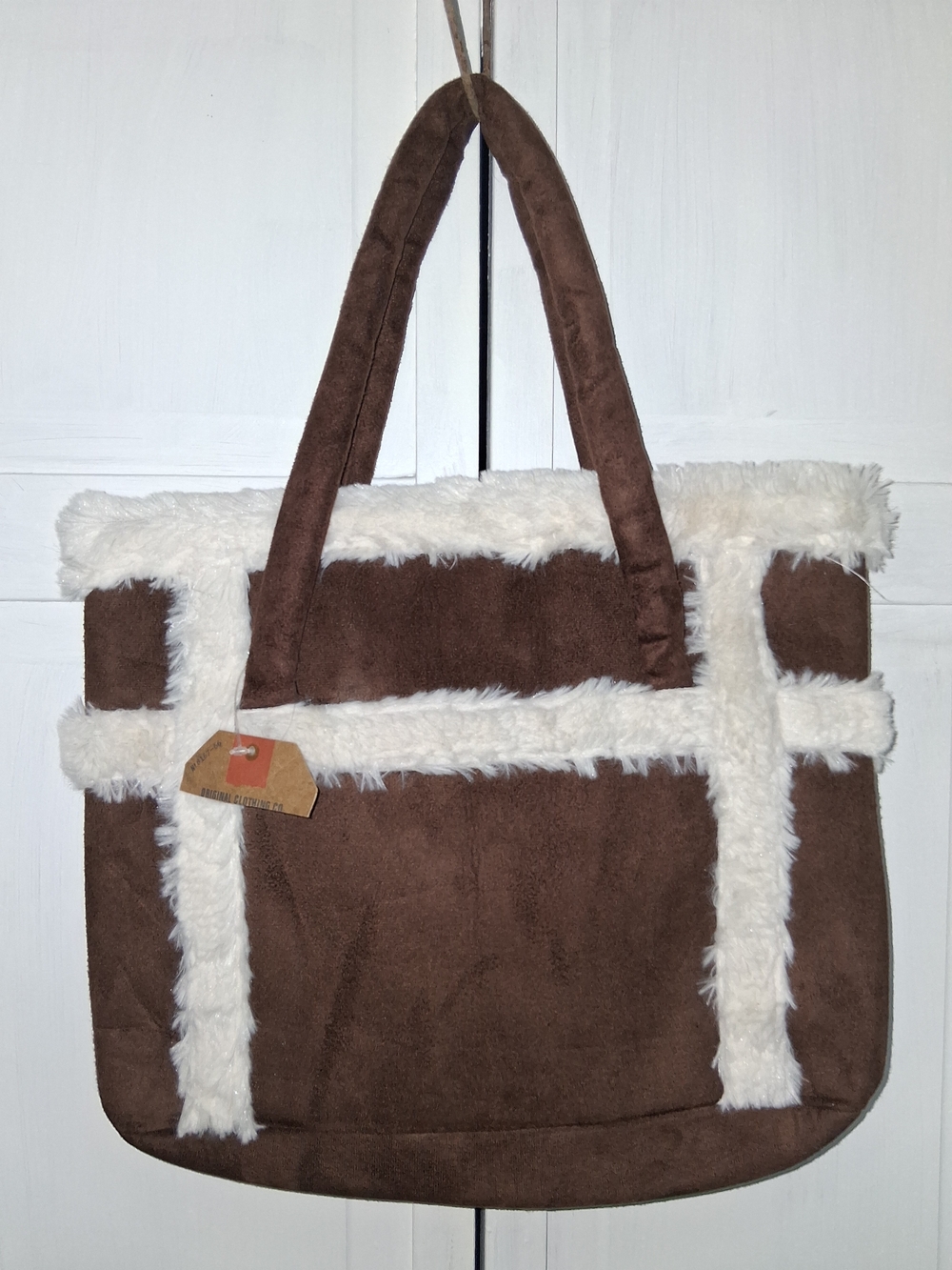 Vintage Kmart Brown Faux-Suede Tote with Cream Faux-Fur Trim